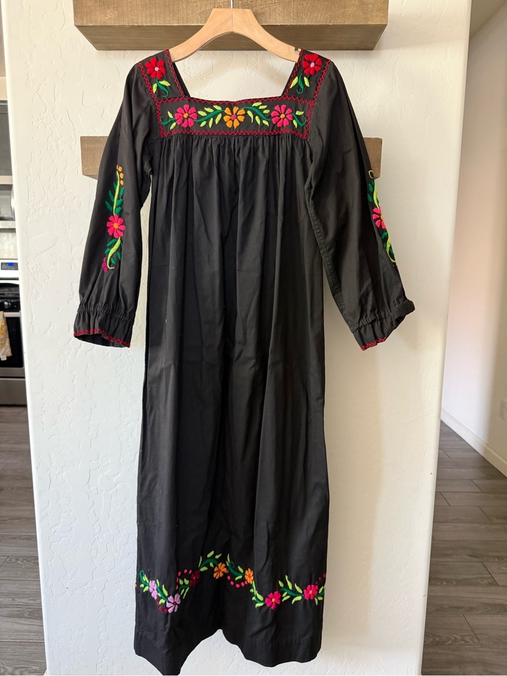 Handmade|Black Maxi dress with Embroidered Floral Accents,Boho farm girl style•